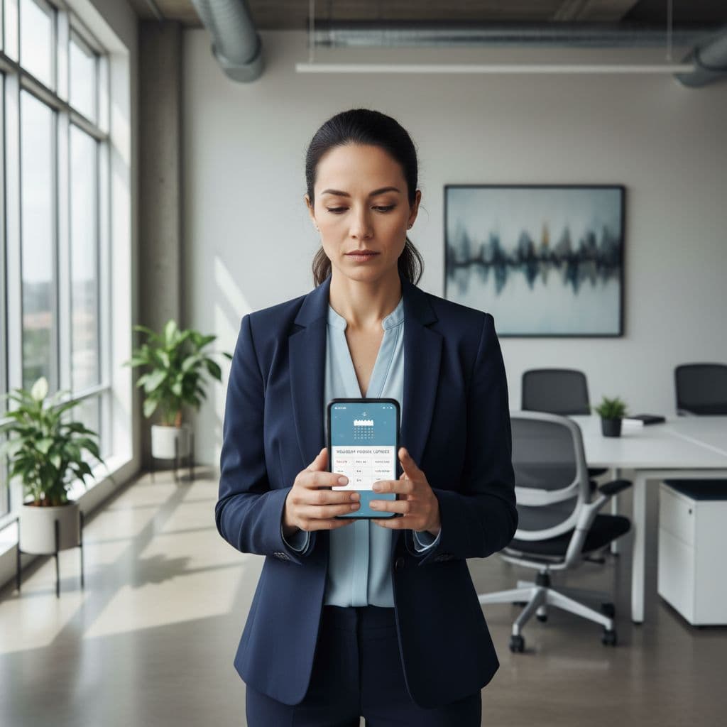 A focused professional stands in a modern office looking at their smartphone screen.