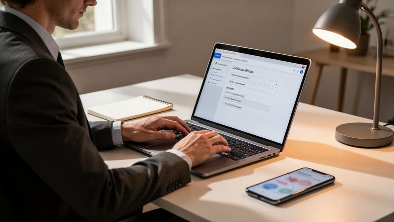Business owner at desk uploads screenshots, transcripts, and notes to laptop form in organized workspace with notepad and phone.