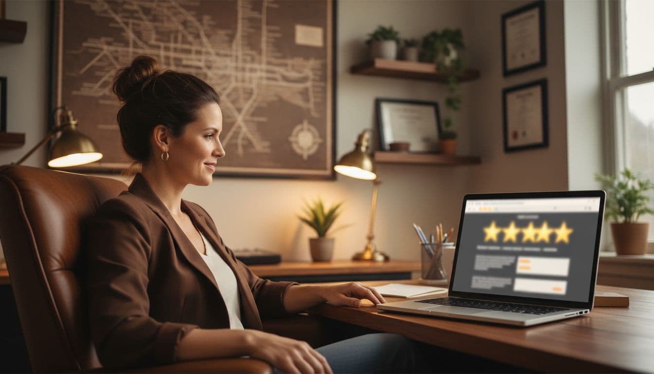 Business owner sits relaxed at desk viewing blurred 5-star reviews on laptop in office with local map on wall.