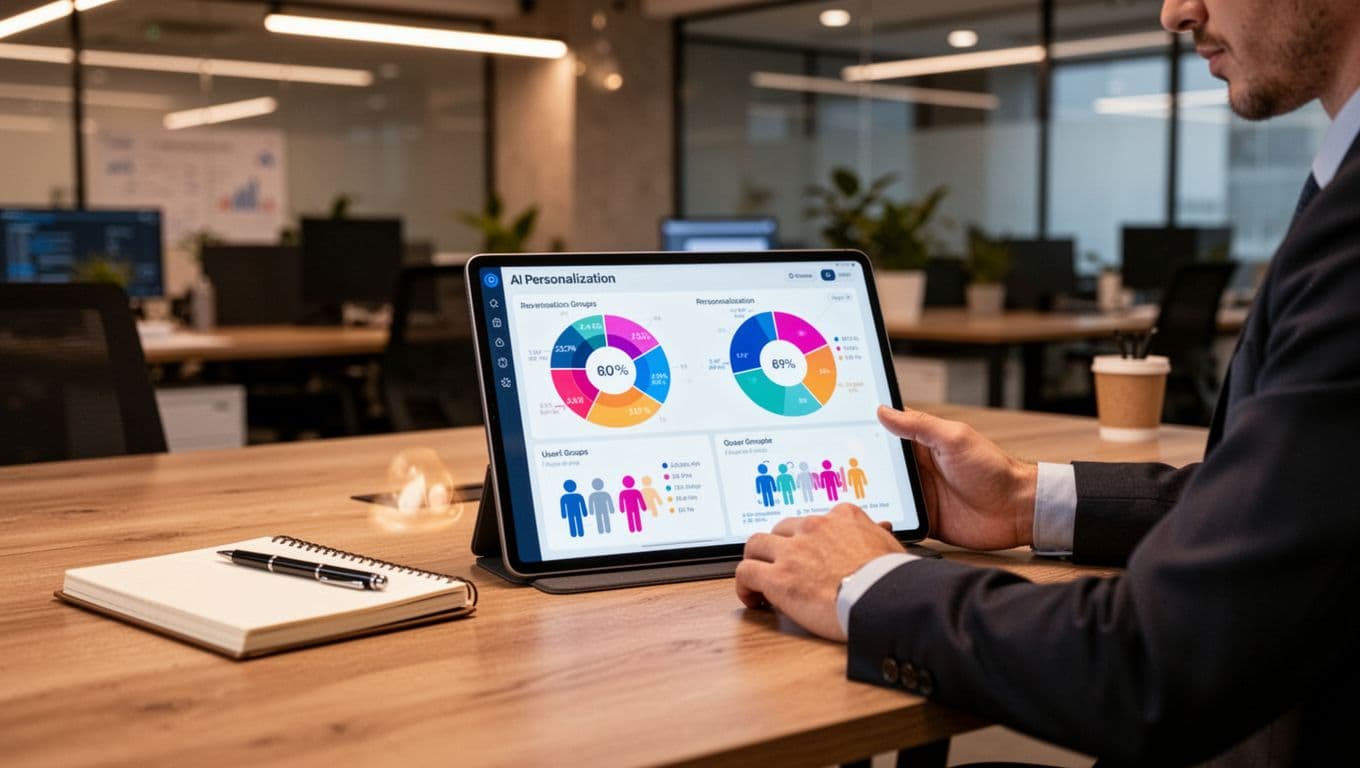 Photo-realistic image of a business professional at a contemporary office desk reviewing an AI personalization dashboard on a tablet with abstract colorful data segments for user groups, notebook and pen nearby, warm lighting.