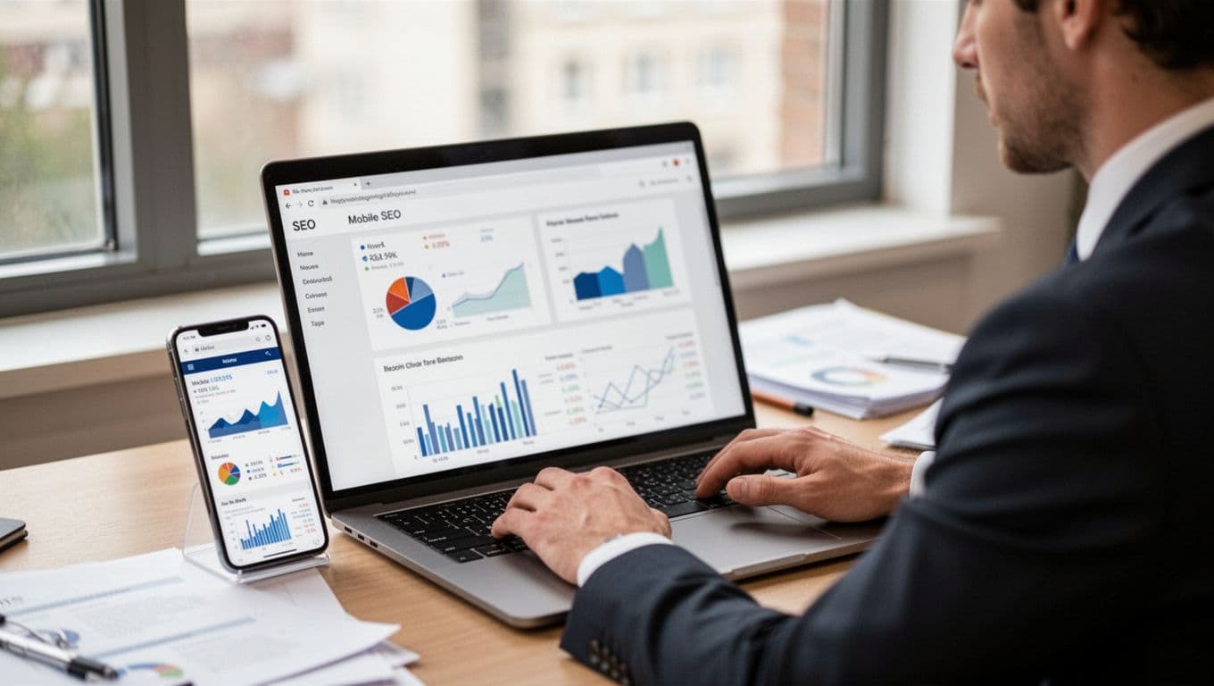 A business professional sits at a desk analyzing mobile SEO metrics displayed on a laptop screen, with a propped-up smartphone showing a website, surrounded by blurred charts and graphs in a photo-realistic office with natural window light.