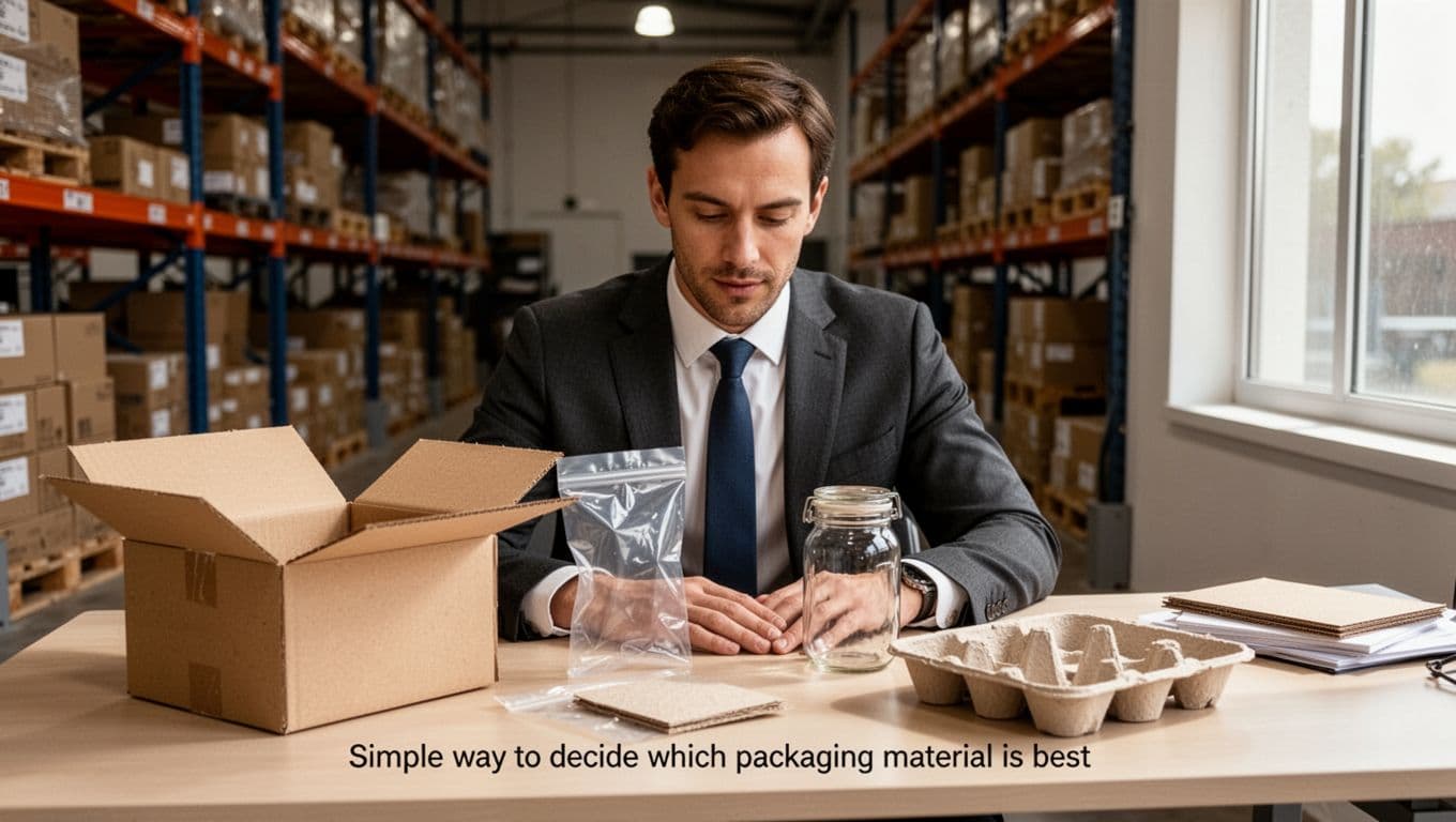A business professional in a warehouse office thoughtfully compares samples of packaging materials—open cardboard box, plastic pouch, glass jar, and molded fiber tray—on a desk under natural daylight.
