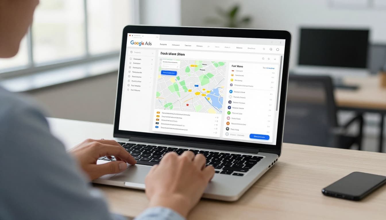 Photorealistic image of a business professional in a modern Indiana office reviewing a Google Ads campaign dashboard focused on cities like Indianapolis and Fort Wayne, with natural window light illuminating the workspace.
