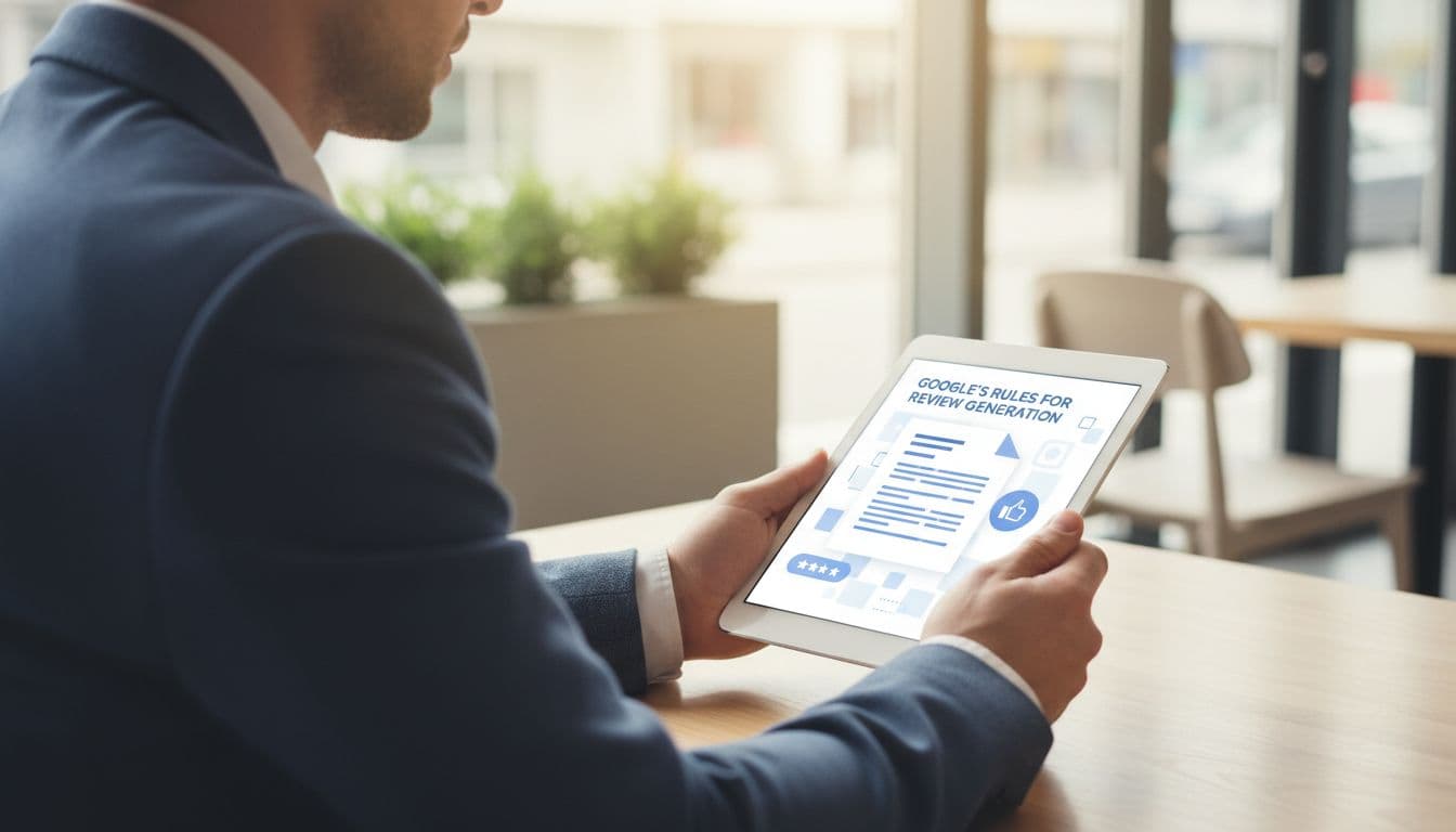 Clean infographic-style image of Google's review policy document displayed on a tablet held by a business professional in a cafe setting. Minimalist modern style with soft daylight, screen slightly blurred with no readable text, focusing on compliance visualization.