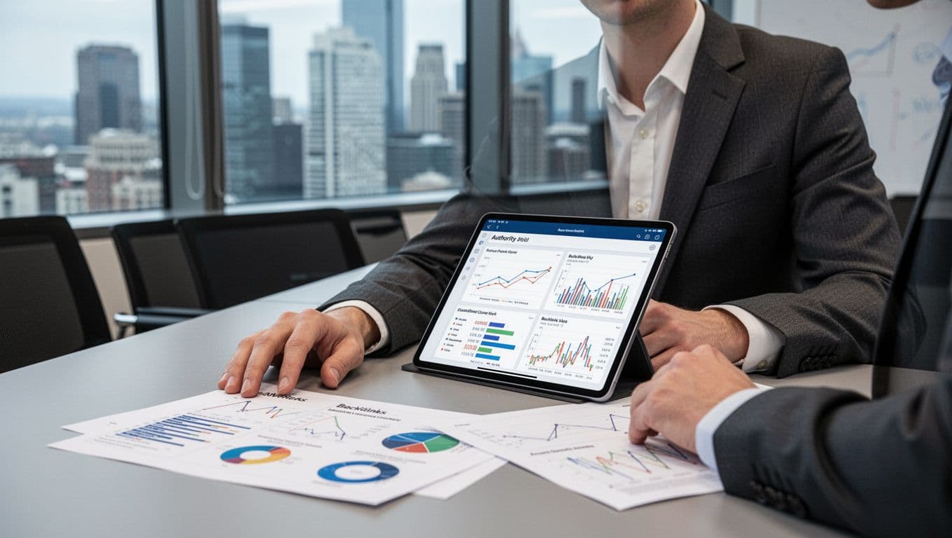 Photo-realistic image of a business professional in a modern conference room with city view, analyzing authority metrics and backlink reports on a tablet and printed charts on the table; even lighting, landscape aspect ratio, one person only.