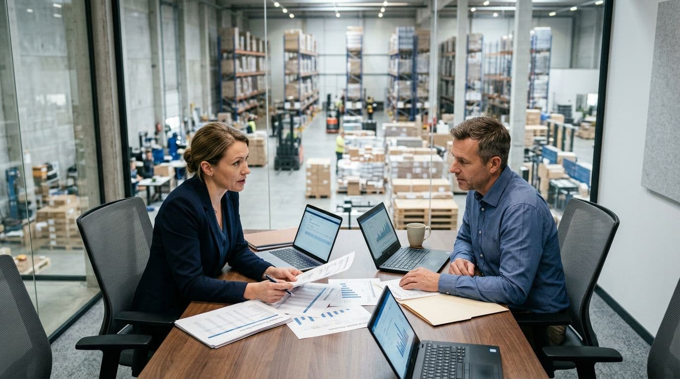 Photorealistic image of two business professionals seated at a conference table in a modern warehouse office reviewing contract packaging quotes, capacity schedules, and quality reports on printed documents and laptops. Organized warehouse floor visible through large windows with bright natural daylight lighting.