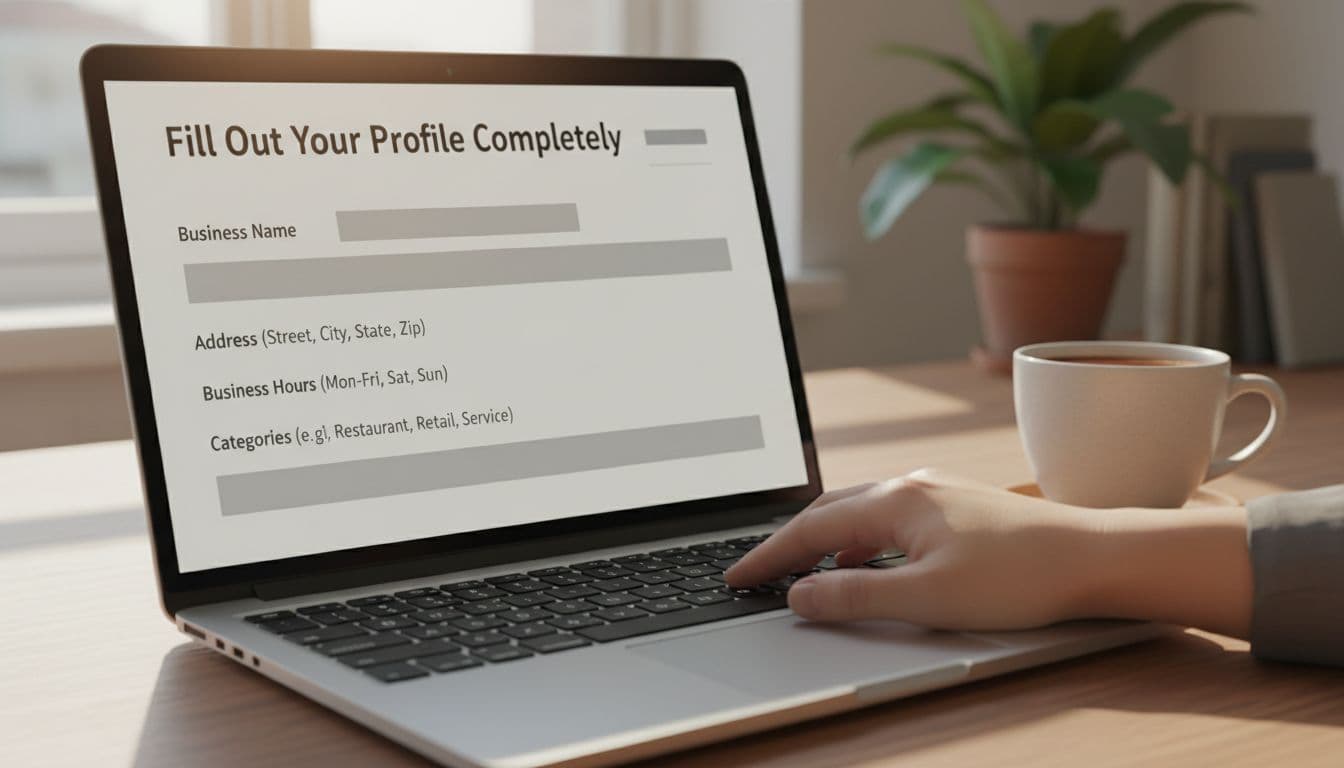 Laptop on a desk with coffee mug nearby displays business profile edit screen featuring fields for name, address, hours, and categories. Realistic style with warm lighting and a single hand on the trackpad.