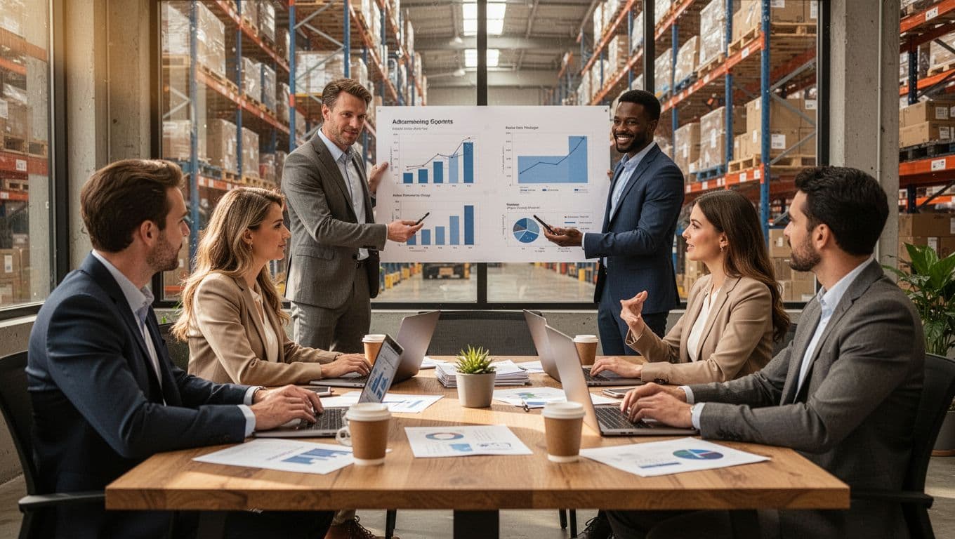 Relaxed professionals around a table with laptops and coffee discuss growth charts in an office, warehouse visible through the window, photorealistic with warm natural light.