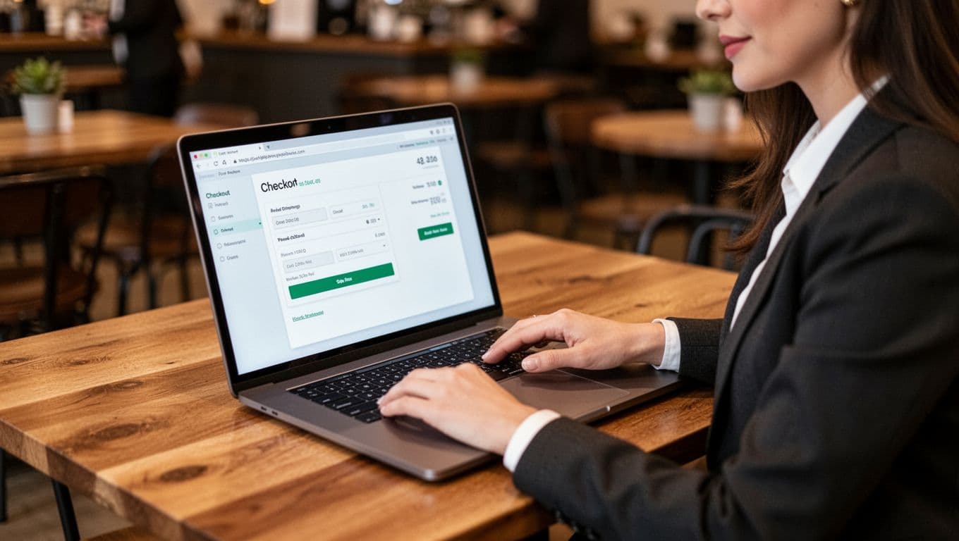 A relaxed businesswoman sits at a wooden cafe table with an open laptop displaying a blurred online checkout screen, hand near trackpad, in warm ambient lighting and realistic photo-realistic style.