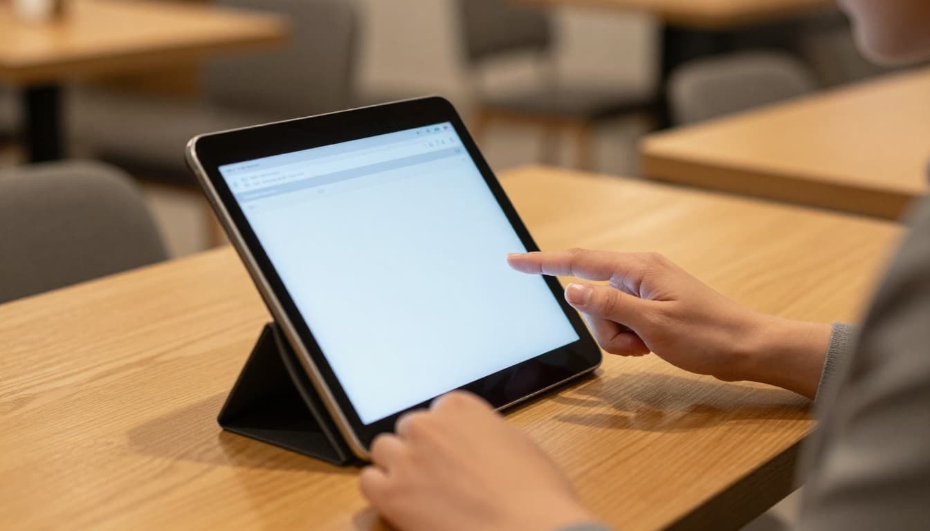 Photo-realistic image of a businesswoman in a cafe tapping naturally on her tablet screen with one finger, casual professional attire under warm ambient light.