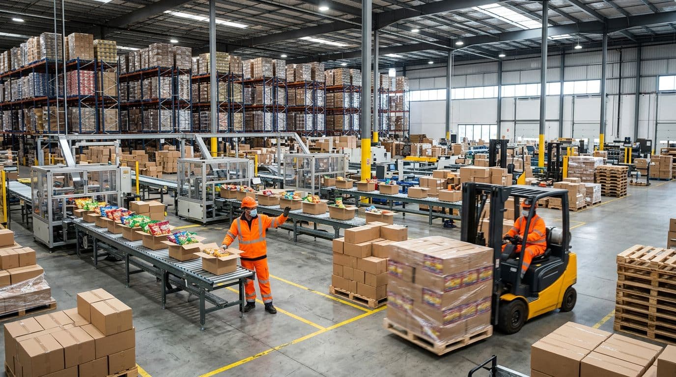 Photorealistic image of a busy FMCG warehouse during a demand spike, showing multiple parallel production lines packing seasonal snacks into boxes, stacked pallets of variety packs, forklifts staging goods, and exactly two workers coordinating in high-energy organized chaos under bright lighting.