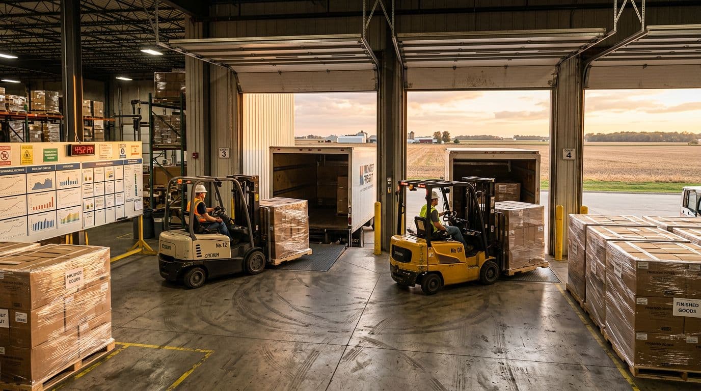 Photorealistic image of a busy Midwest contract packaging warehouse shipping area during a successful rollout, featuring organized pallets of finished goods loaded onto two short-haul trucks by two forklifts operated by workers in safety gear, with golden hour sunlight streaming through open dock doors and performance charts on a nearby safety board.