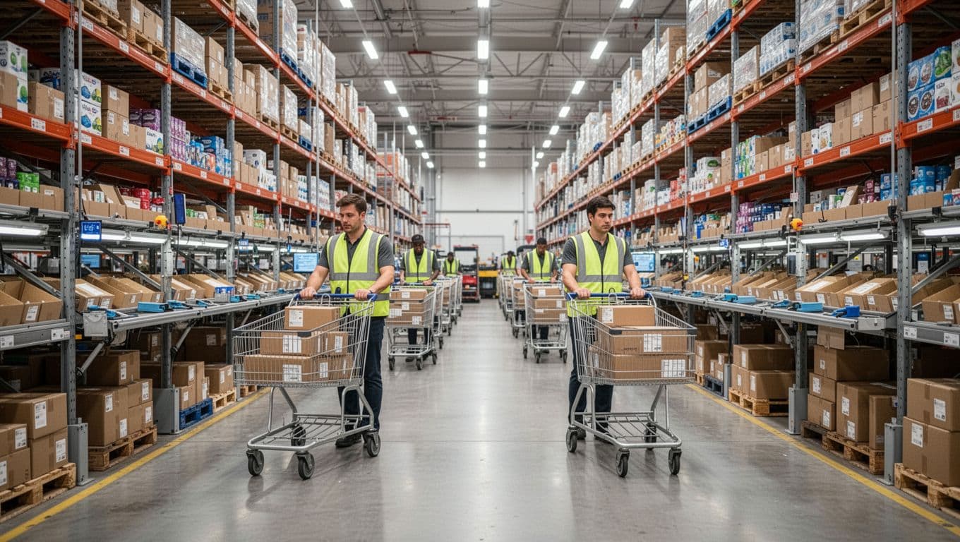 Photorealistic view of a bustling modern warehouse floor with two pickers in high-vis vests pushing carts loaded with small individual customer orders from organized high shelves.