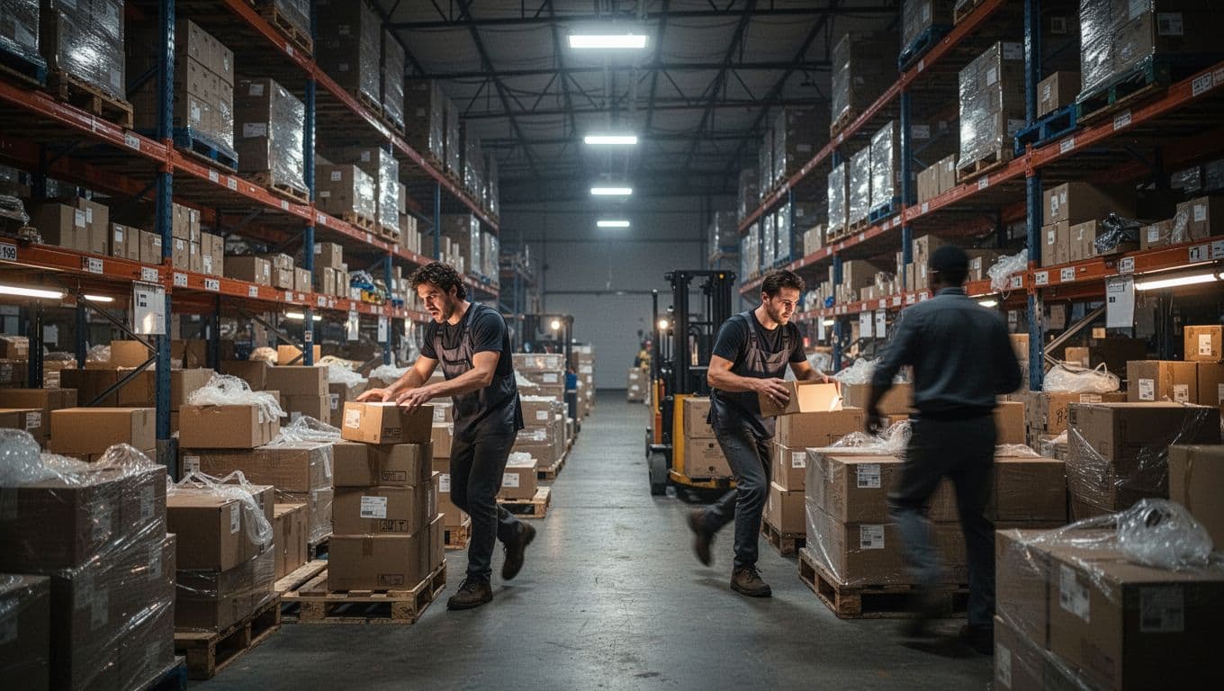 Photorealistic busy warehouse interior at night with exactly two stressed workers packing boxes under bright overhead lights amid cluttered aisles and high-stacked pallets.