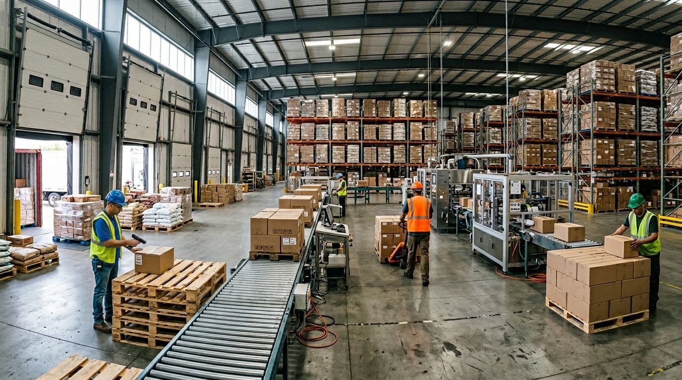 Photorealistic wide landscape view of a busy warehouse co-packing production line, showing pallets of ingredients arriving, four workers in safety vests scanning barcodes, conveyor belts with packaging machines, and finished goods stacked, under natural daylight.
