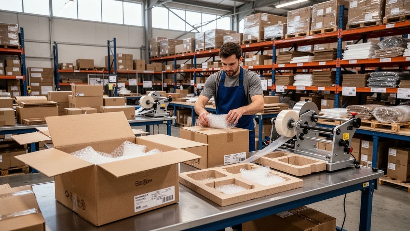 Photo-realistic depiction of a clean, efficient e-commerce packaging station in a busy warehouse, with one worker sealing a box using a tape machine, open boxes featuring custom protective inserts, organized shelves of materials, and natural daylight from high windows.