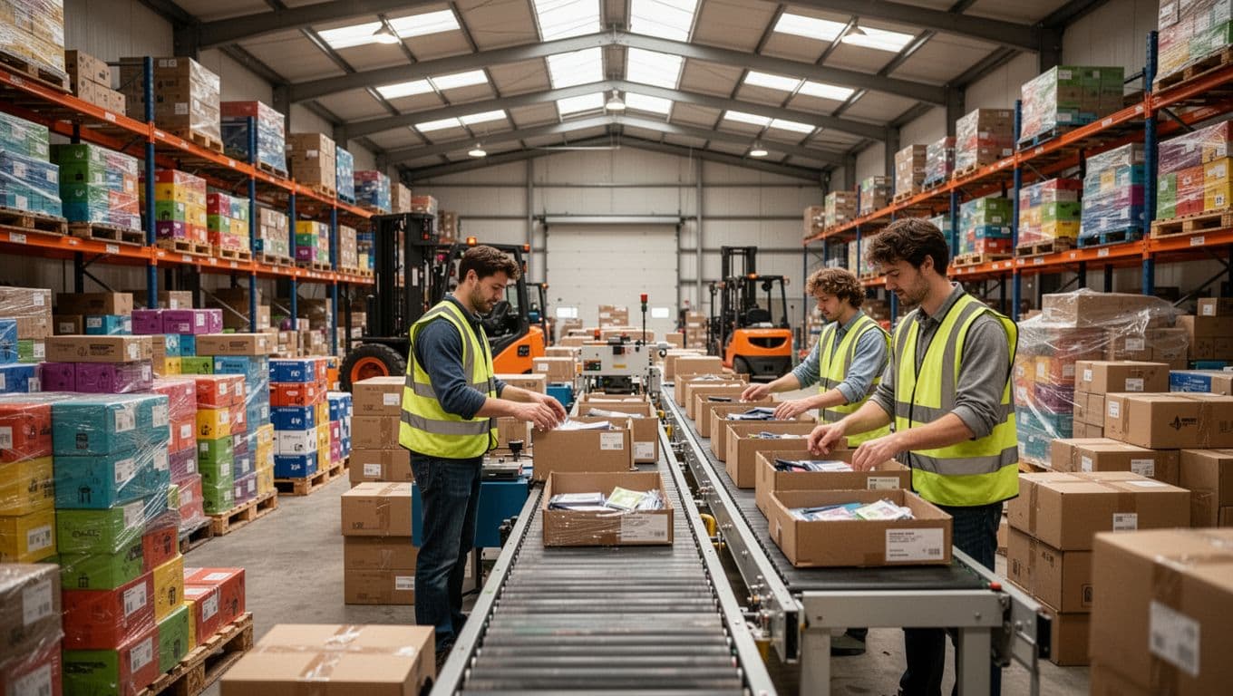 Photorealistic warehouse interior during a busy packaging rush, with stacks of colorful boxes on pallets, two workers in safety vests packing at a conveyor belt, forklifts in the background, and natural overhead lighting from skylights.