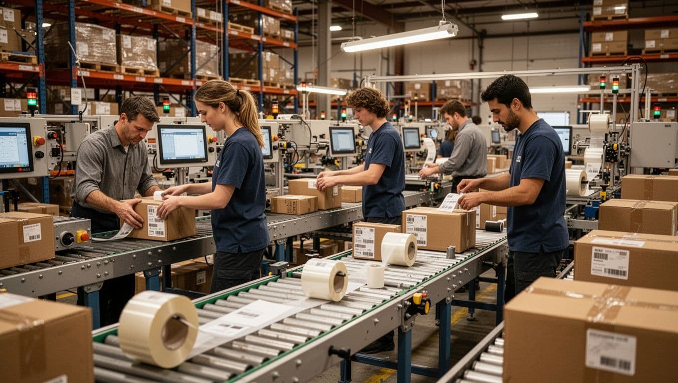 Photorealistic image of a busy warehouse packing line with exactly three workers at stations assembling boxes, applying labels and tape on a conveyor setup under warm industrial lighting. Dynamic side-angle composition showing efficient flow with no extra people, text, watermarks, or borders.