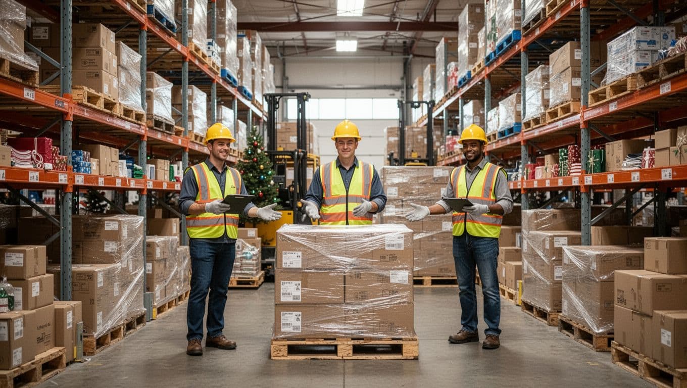 Busy yet organized warehouse during peak season, workers efficiently loading pallets with holiday volume using flexible racks and overflow storage for diverse retail and subscription orders.