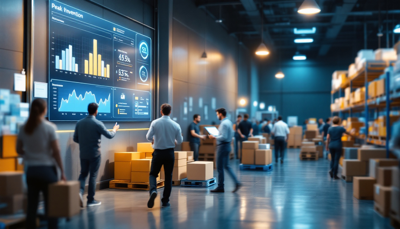 Busy warehouse scene during peak season, showing staff using digital dashboards for real-time inventory tracking. Pallets move quickly, while items are picked and restocked with ease. Image created with AI.
