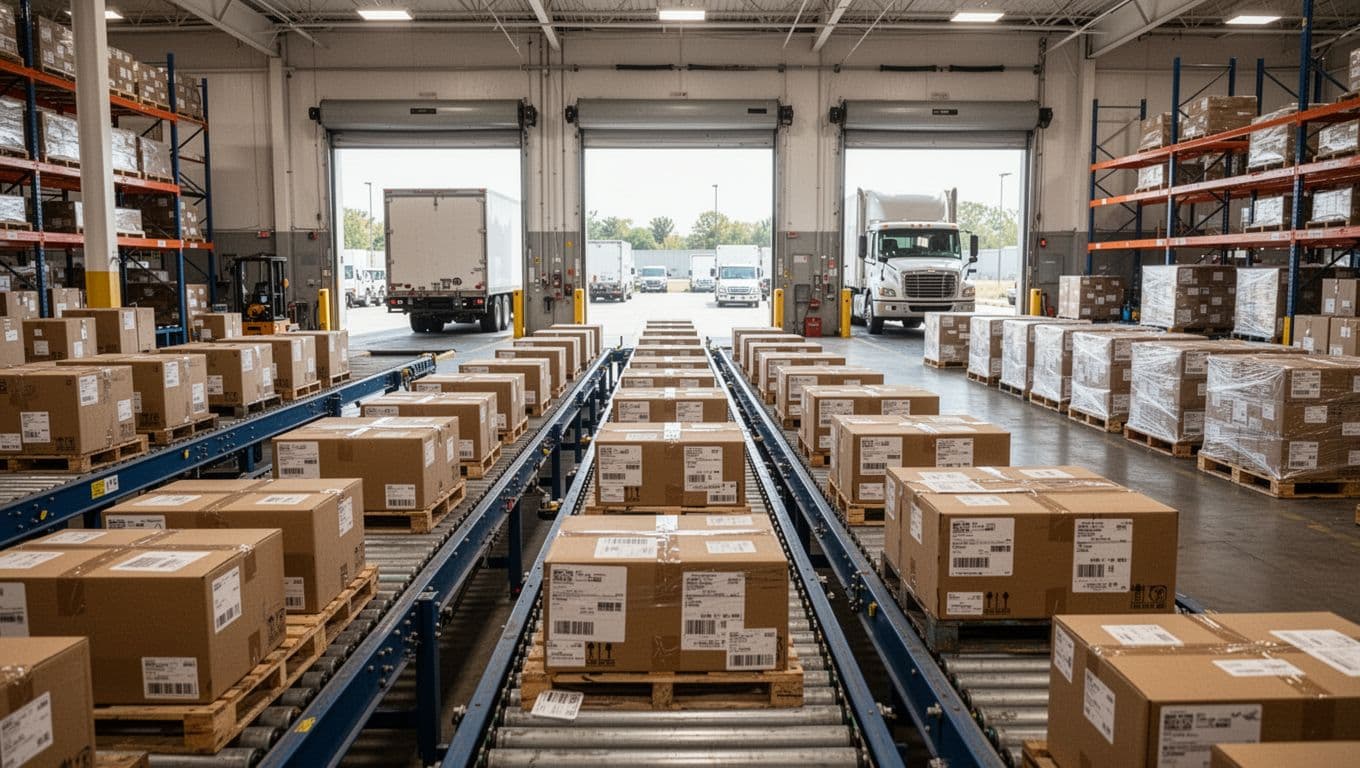 Photorealistic landscape view of a busy warehouse shipping area with rows of packed boxes on conveyor belts, open outbound dock doors to trucks, and pallets ready for carriers under natural lighting, no people visible.