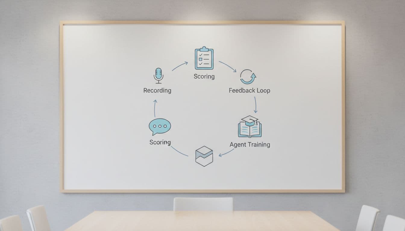 Diagram-like visualization of call QA framework components including recording, scoring, feedback loop, and agent training icons arranged in a cycle on a whiteboard in a conference room. Clean modern style with soft lighting, no people, no text, no logos, no watermarks.