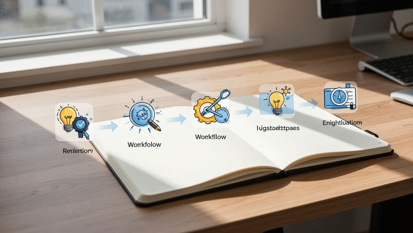 Step-by-step infographic style showing implementation workflow for call QA with plan, record, review, train, measure icons in sequence on an office desk with notebook, bright natural light, clean illustrative style, no people, no text, no logos.