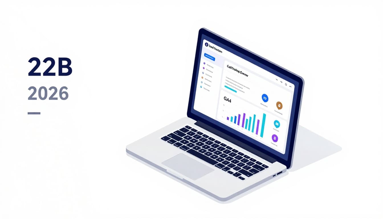 Flat-isometric view of call tracking architecture: lead-gen website with dynamic number insertion swapping phone numbers, connecting via server to call tracking dashboard, GA4 charts, and CRM icons. Clean modern professional SaaS aesthetic with navy teal violet accents on white background.