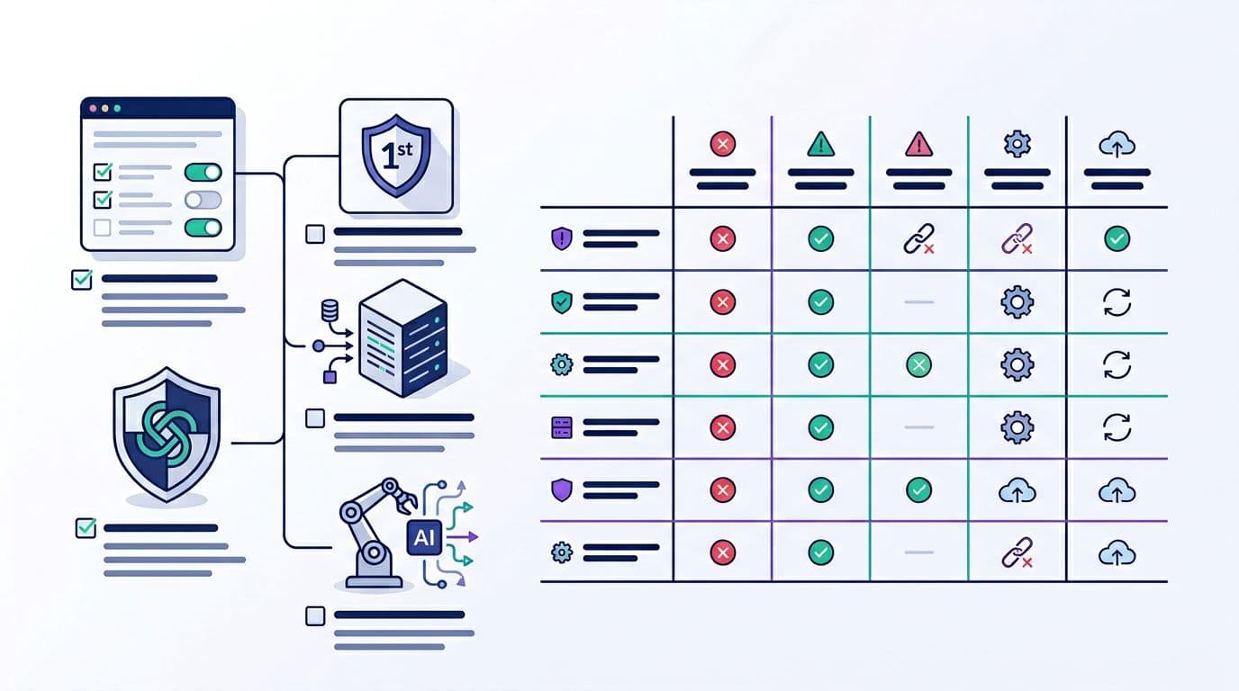 Flat-isometric illustration featuring icons for consent banners, first-party cookies, server-side tagging, privacy shields, and spam filter AI, arranged in a table-like grid highlighting compliance pitfalls for lead-gen websites.