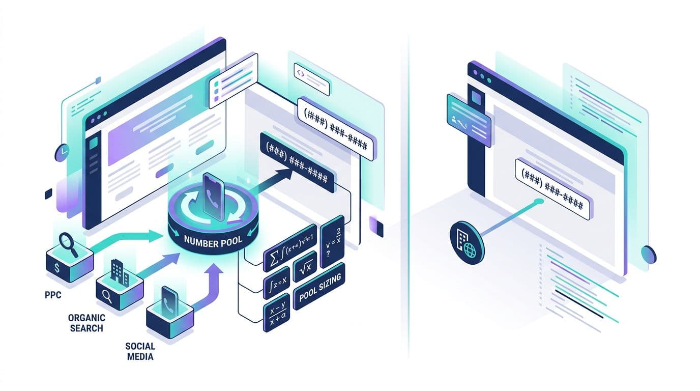 Flat-isometric split-view diagram comparing Dynamic Number Insertion (DNI) dynamic numbers with static numbers for call tracking on lead-gen websites, featuring number pool rotation for PPC/organic sources and pool sizing math icons.