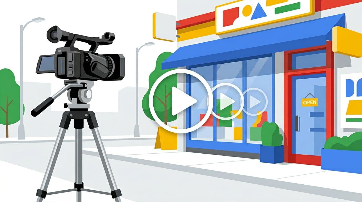 A camera on a tripod photographs a vibrant storefront exterior in a daytime urban street setting, overlaid with video play icons. Features clean modern flat-vector style with subtle 3D depth, Google brand colors, high contrast, soft shadows, and white background.
