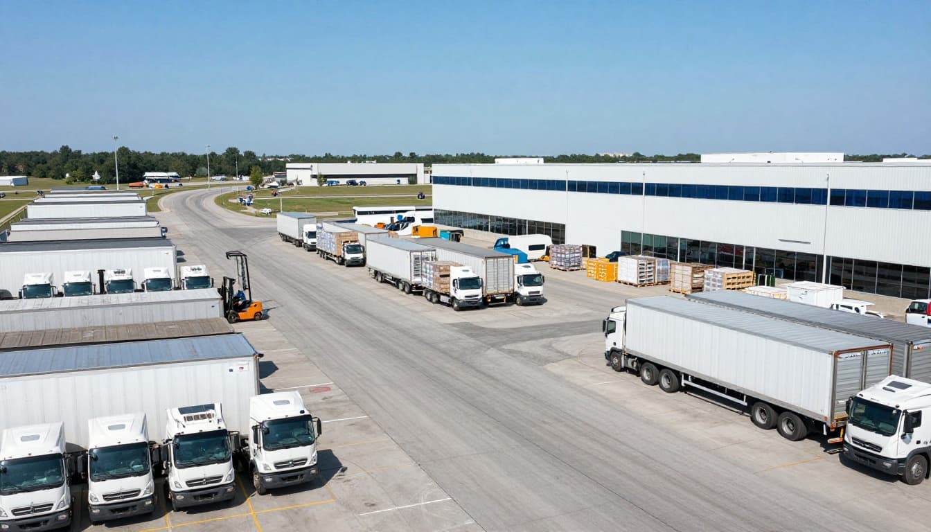 Freight trucks parked at a large modern warehouse dock in central Indiana near highways, with forklifts loading pallets of boxed goods onto trucks under a clear daytime sky. Busy logistics activity in a realistic industrial landscape photograph, wide view with zero people, no text, logos, or watermarks.