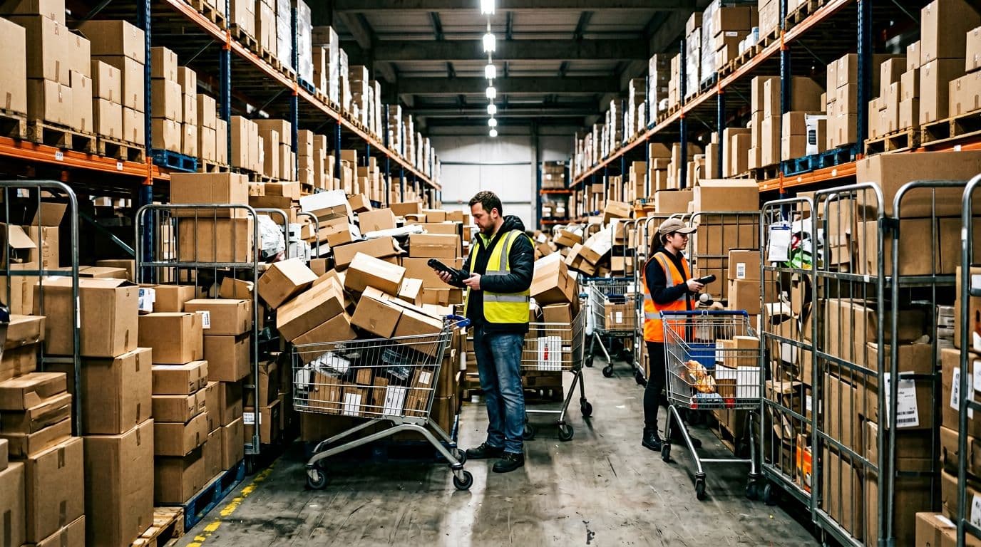Photorealistic depiction of a busy warehouse overwhelmed by a sudden order spike, featuring congested picking aisles blocked by carts, piles of boxes, and exactly two stressed workers scanning items under fluorescent lights.