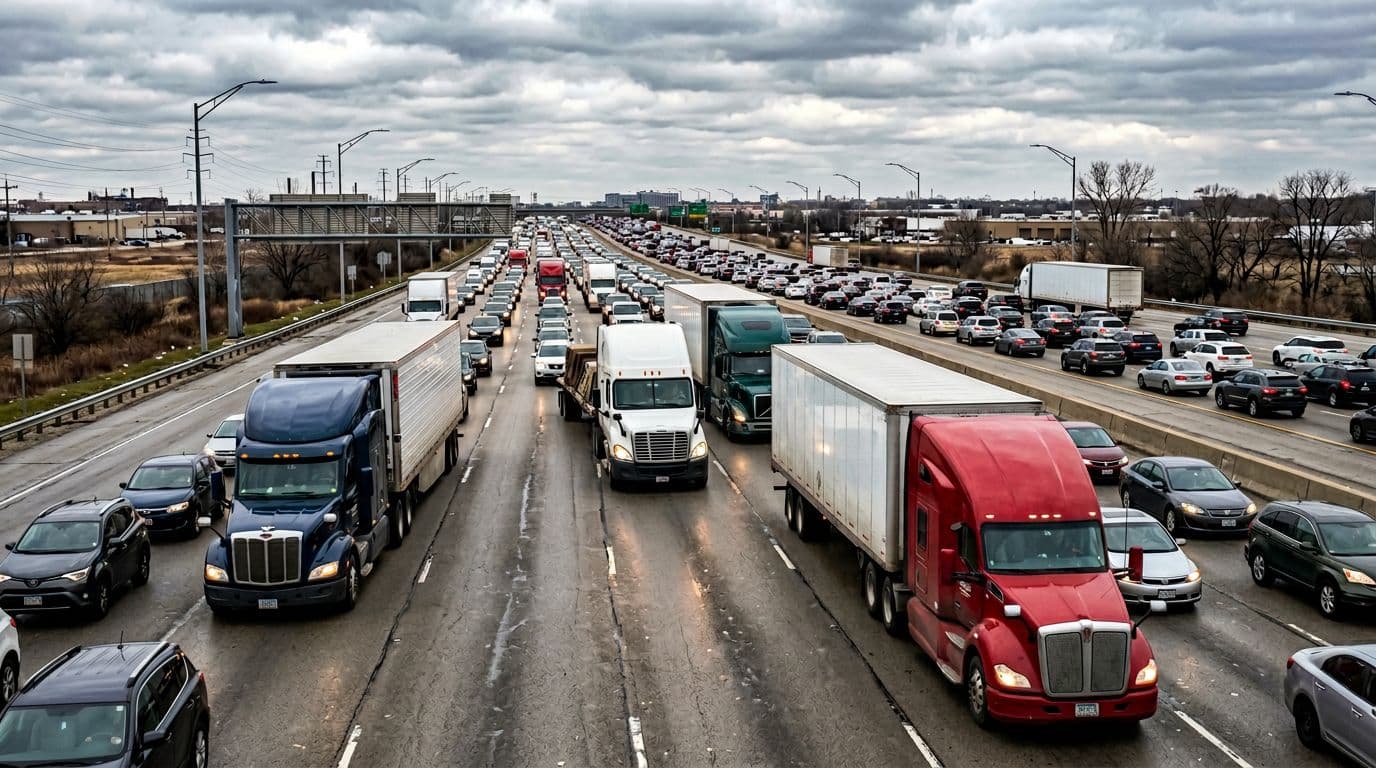 Photorealistic image of heavy semi-truck congestion on a Chicago-area interstate highway in Midwest flatlands, featuring exactly four trucks backed up in a traffic jam during peak hours under an overcast sky.