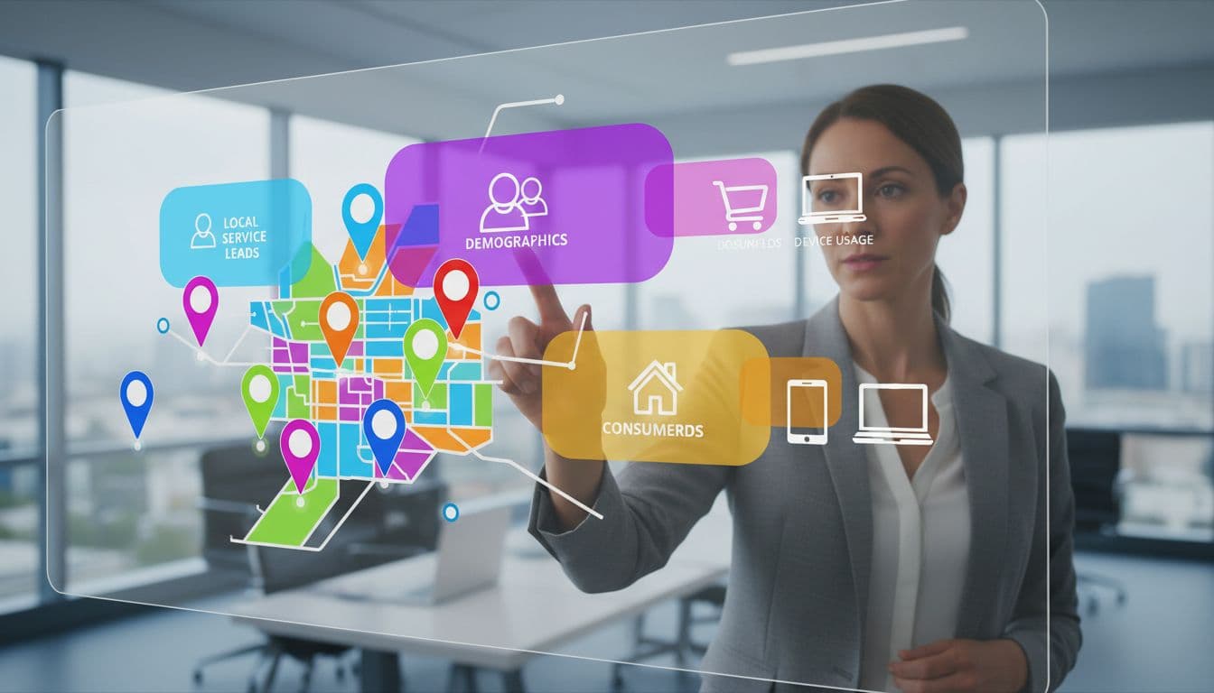 Business owner points to screen showing city map with lead pins, audience segments, and device icons in modern office.