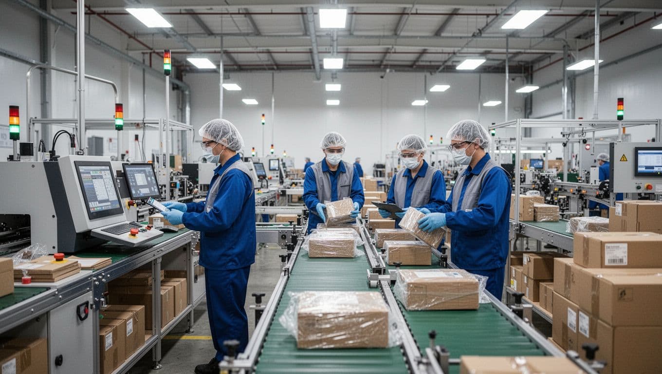 Interior view of a clean, organized packaging facility during a virtual tour, featuring neat workstations with modern equipment, three workers in safety gear checking quality on a conveyor line, and smooth workflow from assembly to packing under bright lights.