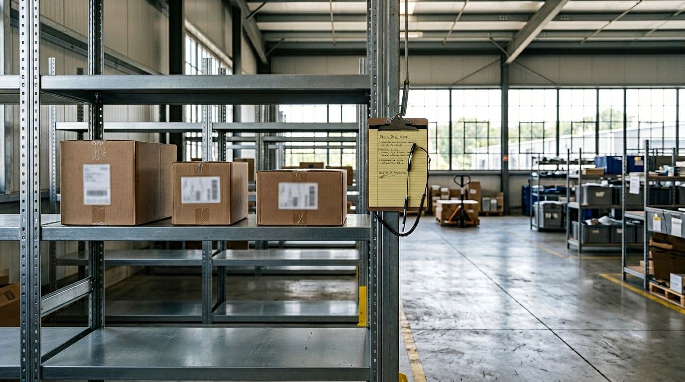 Photorealistic image of a clean warehouse receiving area with exactly three returned packages neatly sorted on shelves and a clipboard with return policy notes nearby, illuminated by natural daylight from windows in a wide composition emphasizing organization.