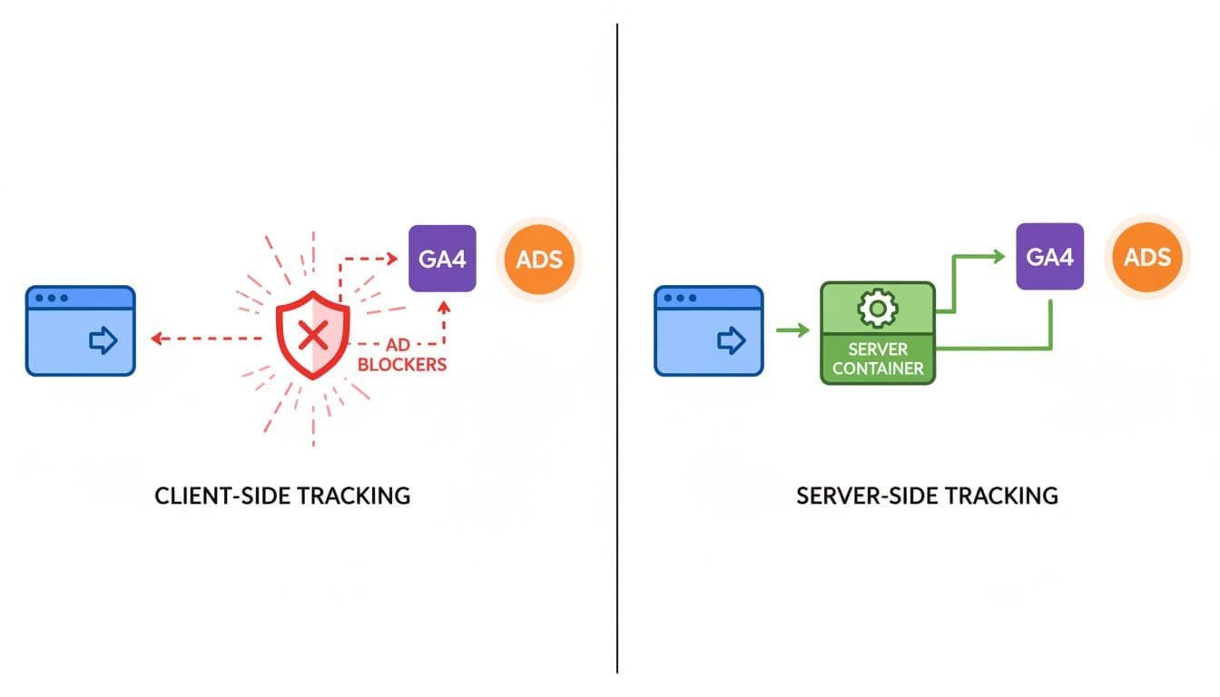 Diagram comparing client-side vs server-side GTM tracking flows for lead gen websites: left side shows browser sending data directly to vendors with blockers; right side shows browser to server container then to vendors using clean lines, icons, and bright colors.