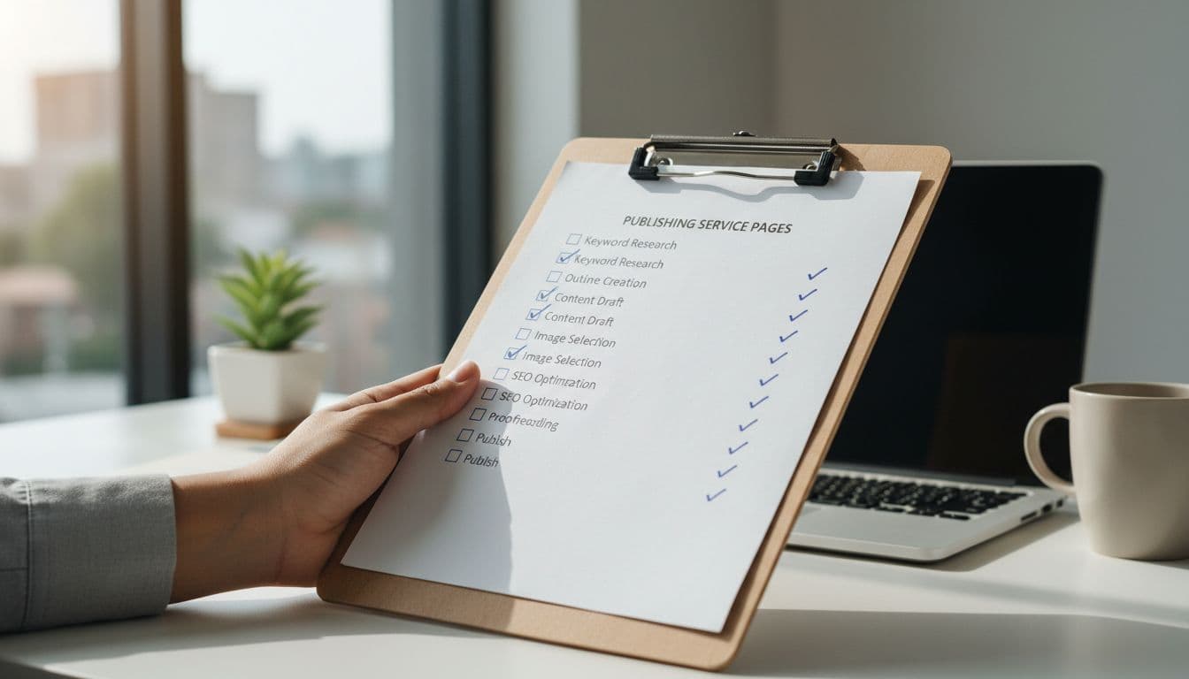 Clipboard featuring a printed checklist for publishing service pages with checkmarks, held relaxed by one partially visible hand on a marketer's desk. Blurred laptop in office background, close-up photorealistic composition with natural window light.