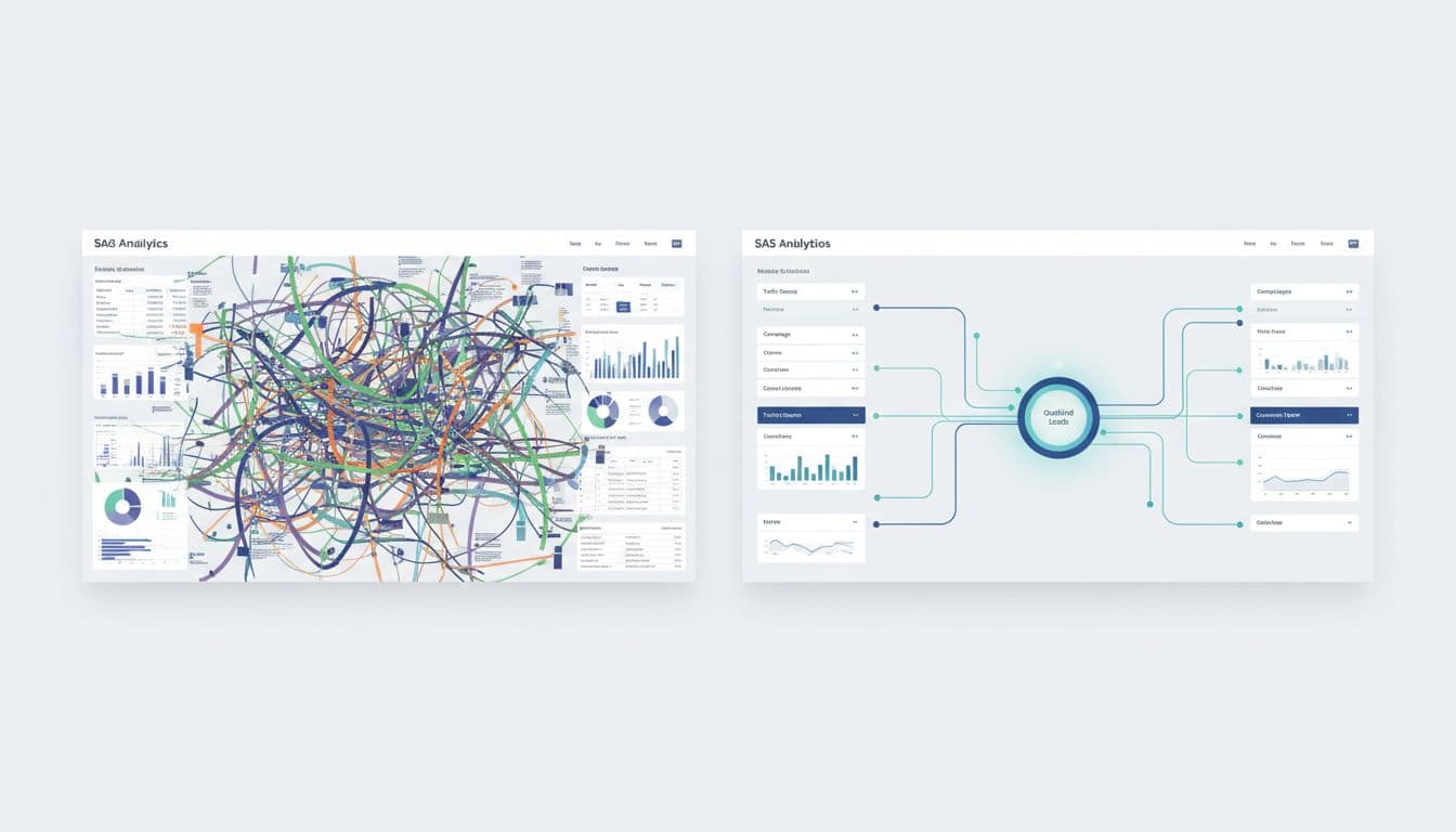 Side-by-side contrast of a cluttered analytics dashboard overflowing with mismatched UTM tags and fragmented lead paths versus a clean organized dashboard showing precise attribution flows for lead generation campaigns in a professional SaaS aesthetic.