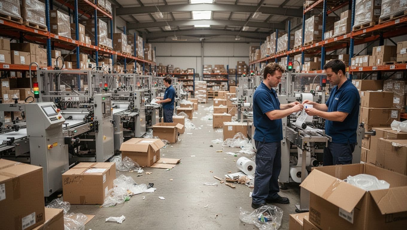 Photorealistic image of a cluttered warehouse packaging area with underused idle machines, scattered boxes and waste, two workers fixing a labeling error, limited space filled with inventory, wide-angle view emphasizing inefficiency.