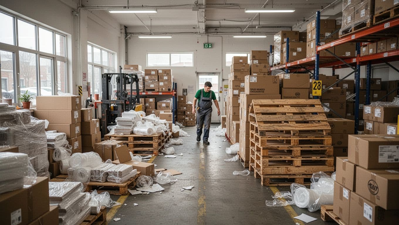 Photorealistic scene of a cluttered small business facility with scattered packaging materials, pallets blocking walkways, and unsafely stacked boxes in aisles, featuring one worker navigating carefully under even daylight from windows.