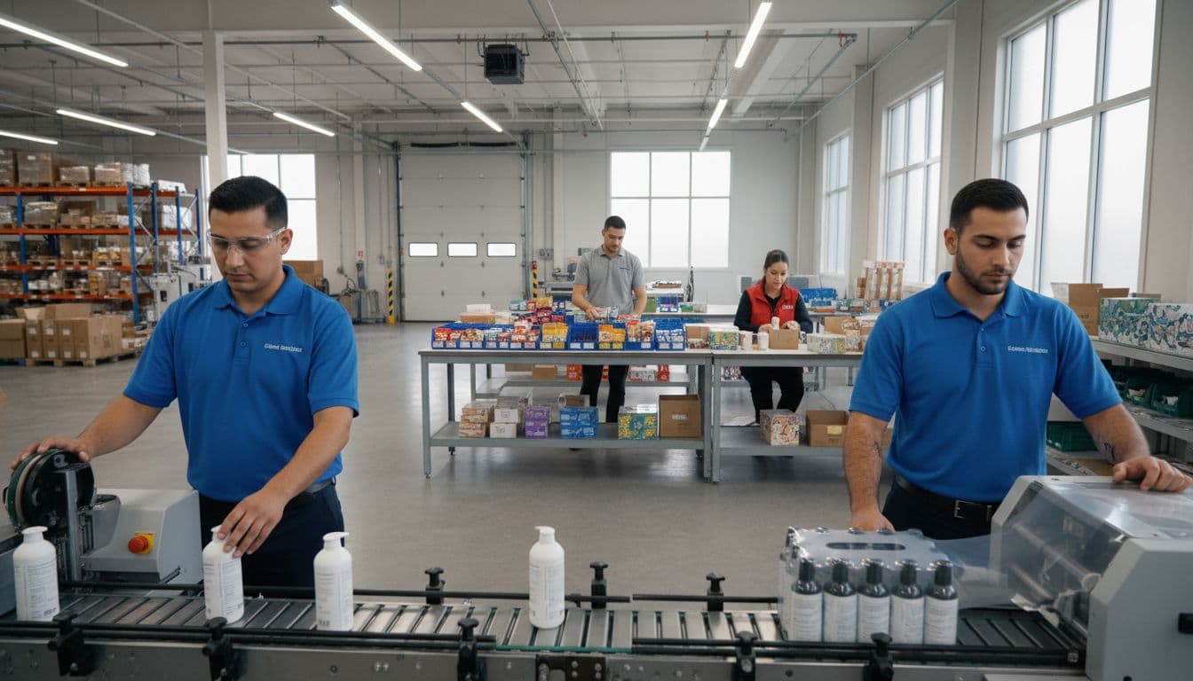 Four warehouse workers in a clean, modern co-packing facility perform key tasks: labeling consumer bottles, monitoring shrink bundling, sorting for repacking, and assembling wellness kits.