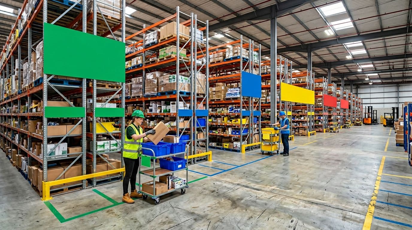 Photorealistic wide-angle view of a brightly lit warehouse divided into color-coded zones with signs. Two pickers each stay in their designated zones, one placing an item into a tote on a cart, with other zones visible in the distance.
