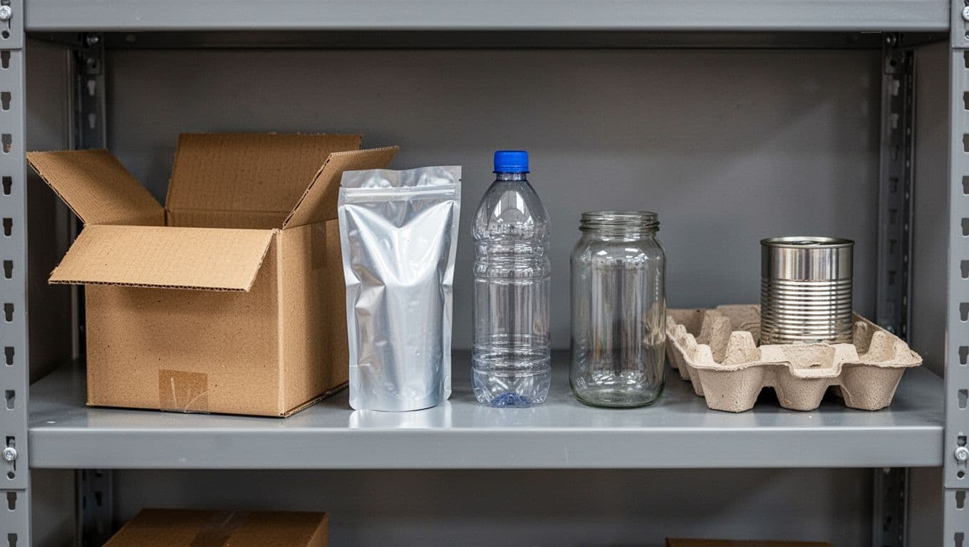 Assortment of common packaging materials on a neutral gray warehouse shelf with soft overhead lighting, including open corrugated cardboard box, flexible plastic pouch, rigid plastic bottle, clear glass jar, aluminum can, and molded fiber protective insert tray. Side view composition in realistic photography style showing materials in use context.