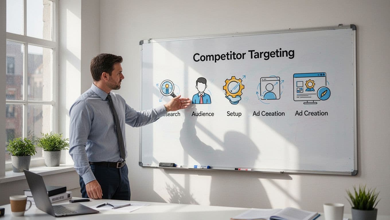 A realistic photo of a whiteboard in a bright small business office showing a step-by-step workflow diagram with icons for keyword research, audience setup, and ad creation targeting competitors, with one person pointing at the board and clean composition.
