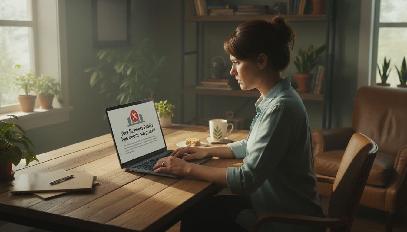 Small business owner sitting at a wooden desk in a cozy office, looking concerned at a laptop screen displaying a Google Business Profile suspension notice, realistic style with natural daylight.