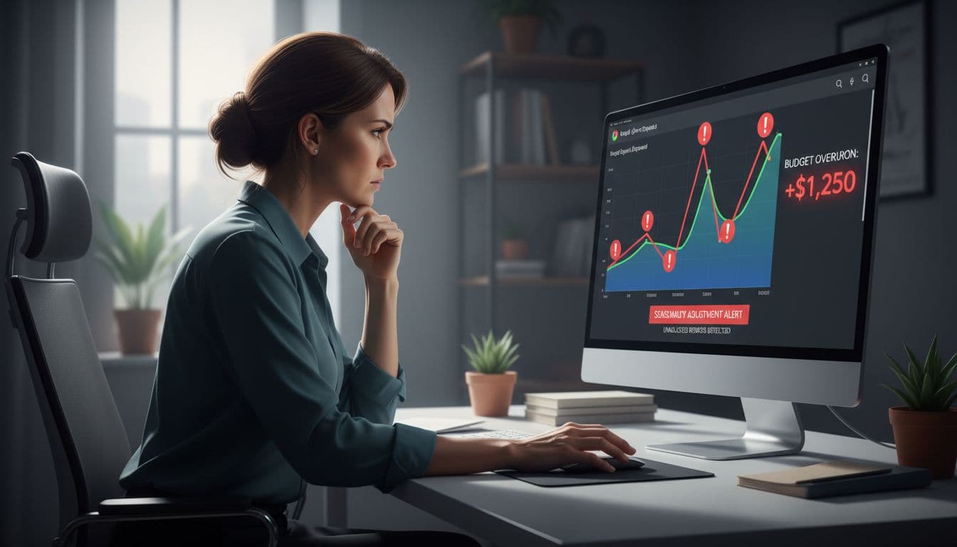 Business owner with hand on chin looks concerned at screen showing budget overrun graph with red warnings and seasonal peaks.