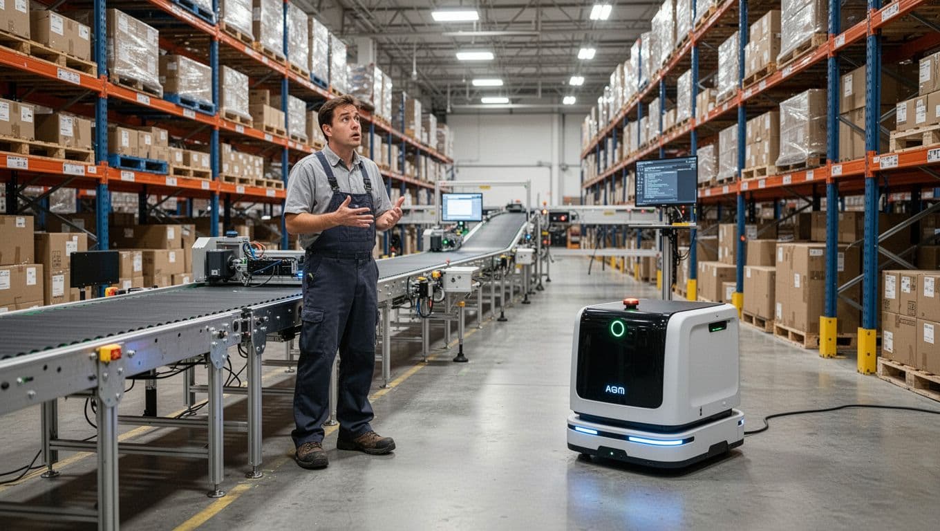 Warehouse worker standing confused next to a stalled conveyor belt and idle autonomous mobile robot (AMR) on the floor, with shelves of boxes in the background, illustrating an equipment disconnection issue in photorealistic style under bright industrial lighting.