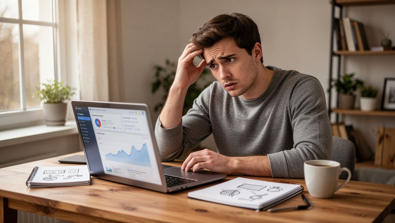 Photo-realistic image of a young marketer at a wooden desk in a home office, scratching his head in confusion with a blurred laptop analytics dashboard, notebook sketches, and coffee nearby under soft natural light.